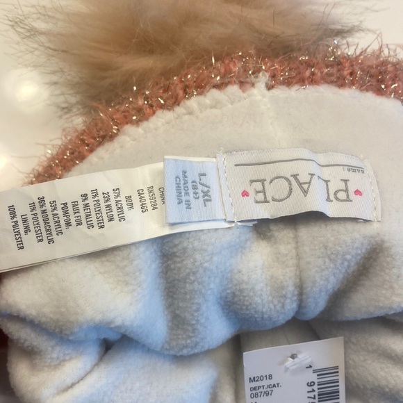 NWT Children’s Place pink multicolored striped tinsel toboggan with furry pompom - Picture 7 of 7